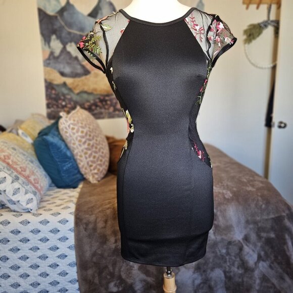 BCX Black Floral Bodycon Mini Dress - Size 5 Short Sleeve Party/Clubwear - Picture 5 of 13